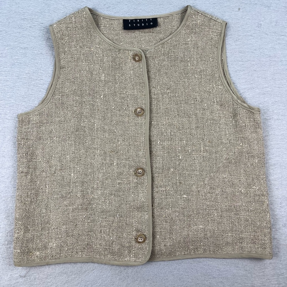 Vintage 90s Finity Studio 100% Linen Tan Button-Up Vest Size 6